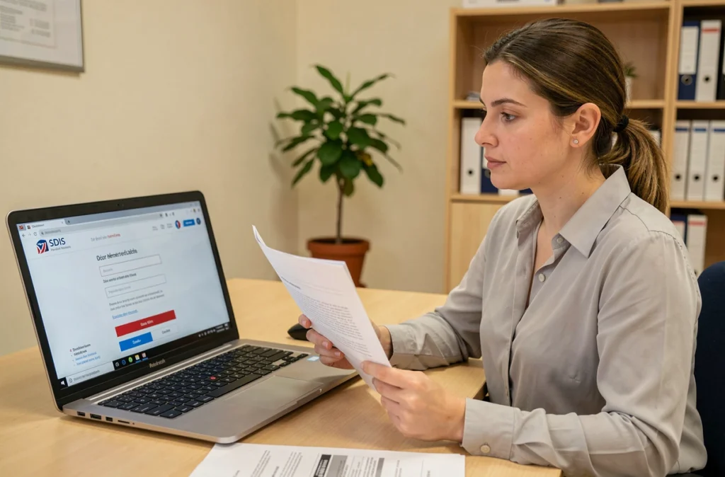 Agente administrative SDIS consultant un portail officiel de gestion des secours sur ordinateur portable