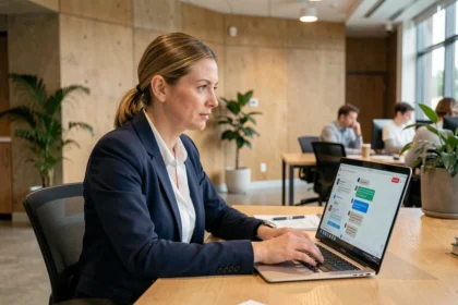 Agente de collectivité territoriale utilisant l'application Tchap sur son ordinateur portable dans un bureau municipal moderne