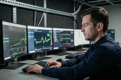 Analyste en cybersécurité consultant des tableaux de bord DNS et de protection contre les malwares sur plusieurs écrans dans un centre opérationnel