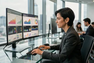 Analyste marketing féminine étudiant des tableaux de bord de données publicitaires numériques sur deux écrans dans un bureau moderne