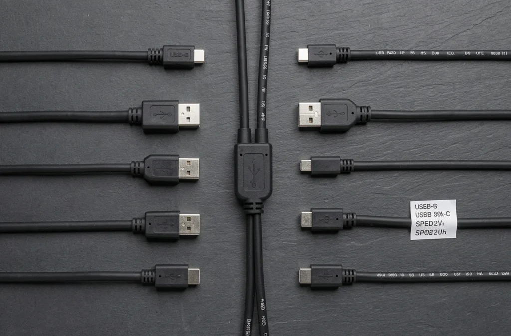 Vue à plat de plusieurs câbles USB dont un câble USB B vers USB C sur surface grise avec étiquettes de vitesse de transfert