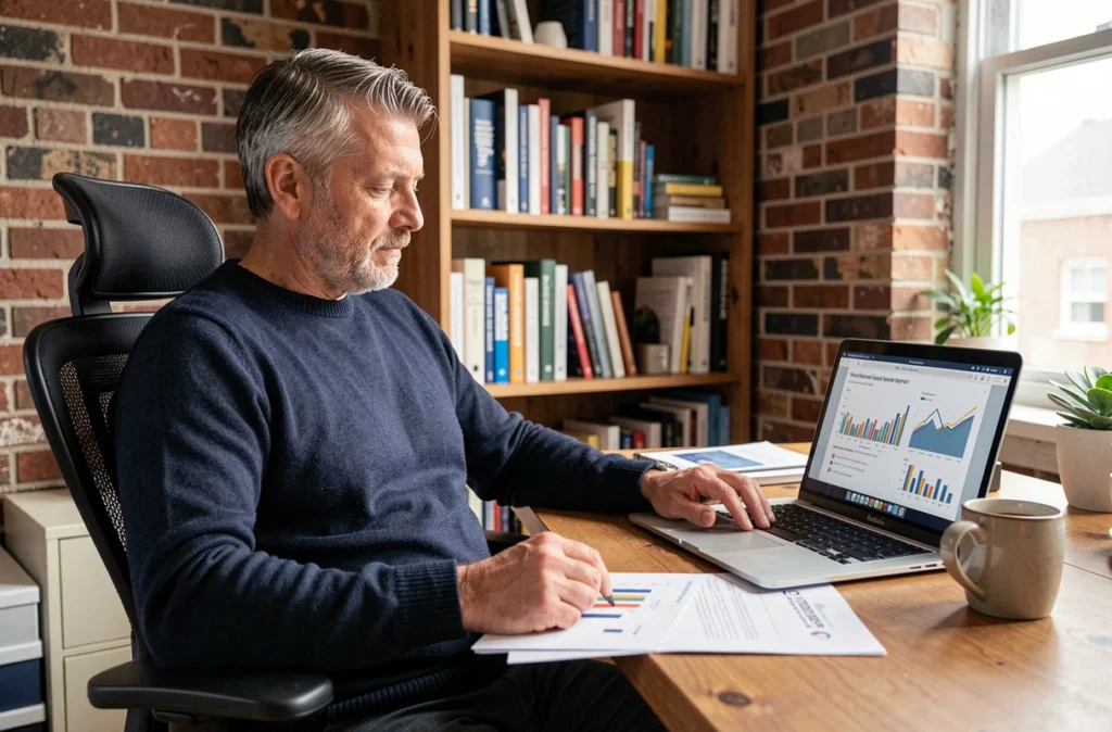 Consultant en marketing digital analysant des métriques de ciblage publicitaire depuis son bureau à domicile
