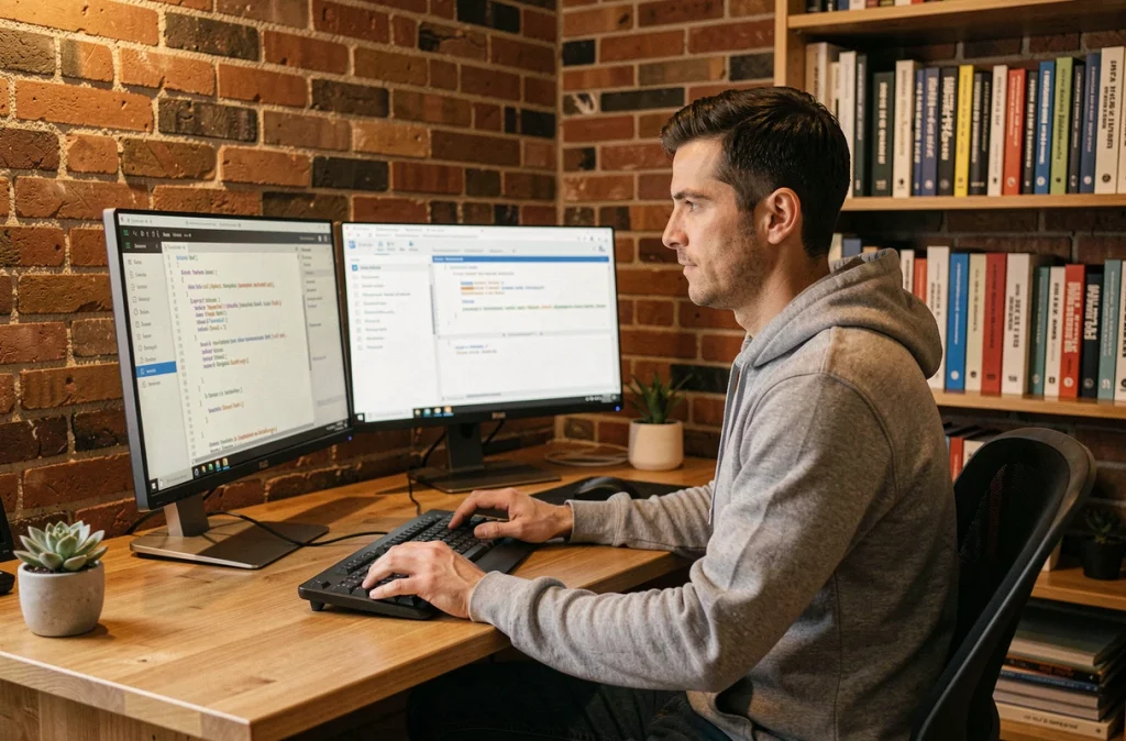 Développeur masculin travaillant sur du code et des interfaces de conformité numérique depuis un bureau à domicile, représentant les bonnes pratiques technologiques en 2026