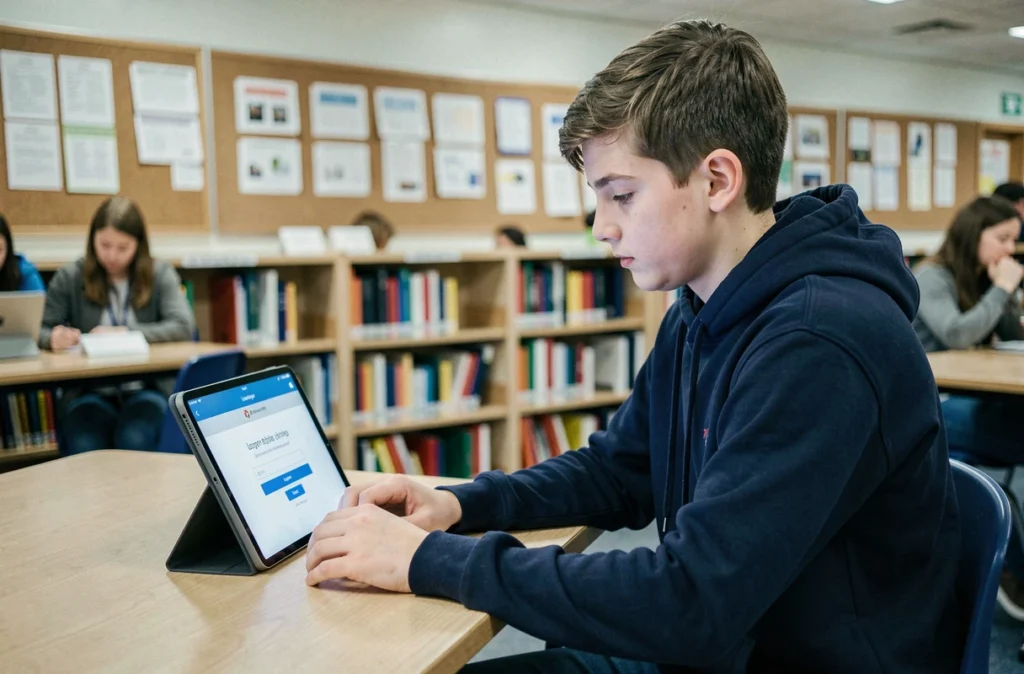 Un adolescent en uniforme décontracté se connecte à l'ENT Paris Classe Numérique sur une tablette dans une bibliothèque scolaire