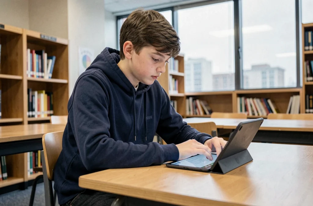 Élève lycéen accédant à son espace numérique scolaire sur une tablette en bibliothèque