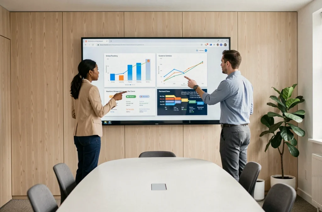 Équipe marketing multiculturelle analysant des données de ciblage publicitaire sur un écran interactif en salle de réunion
