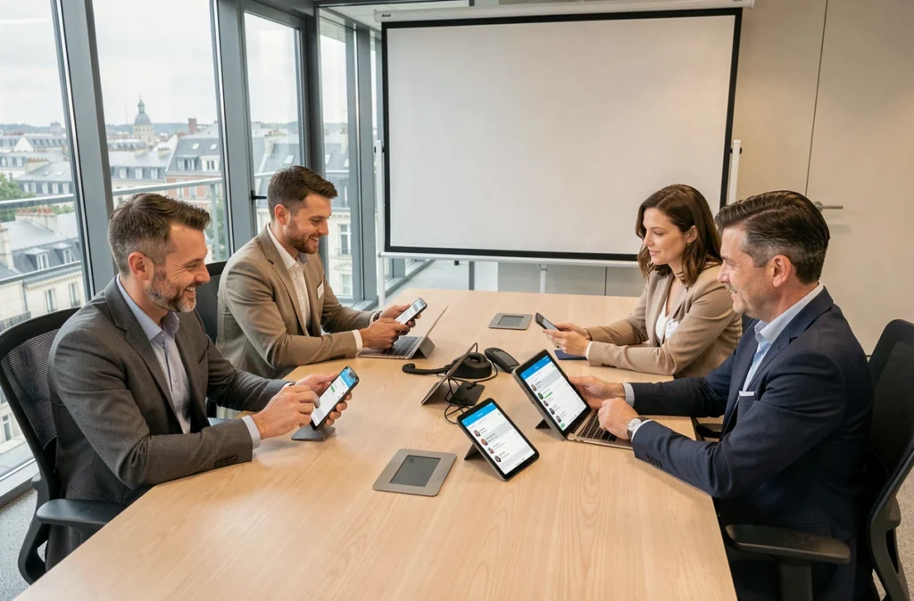 Équipe d'une collectivité locale collaborant sur l'application Tchap lors d'une réunion en salle de conférence