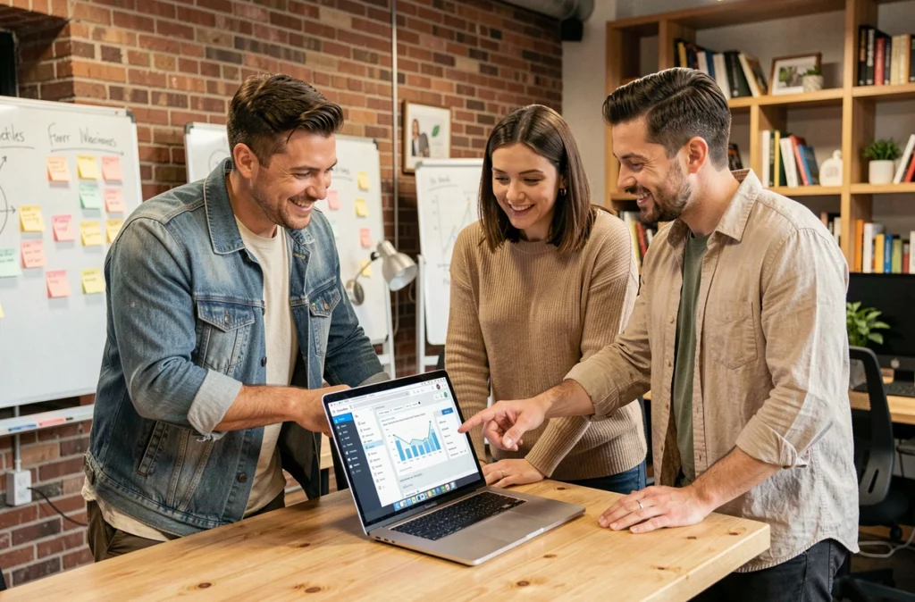 Équipe marketing collaborant autour d'un tableau de bord de campagne email automatisée dans un bureau créatif