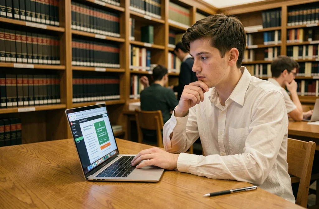 Étudiant en droit comparant les versions gratuite et premium d'une intelligence artificielle juridique dans une bibliothèque universitaire