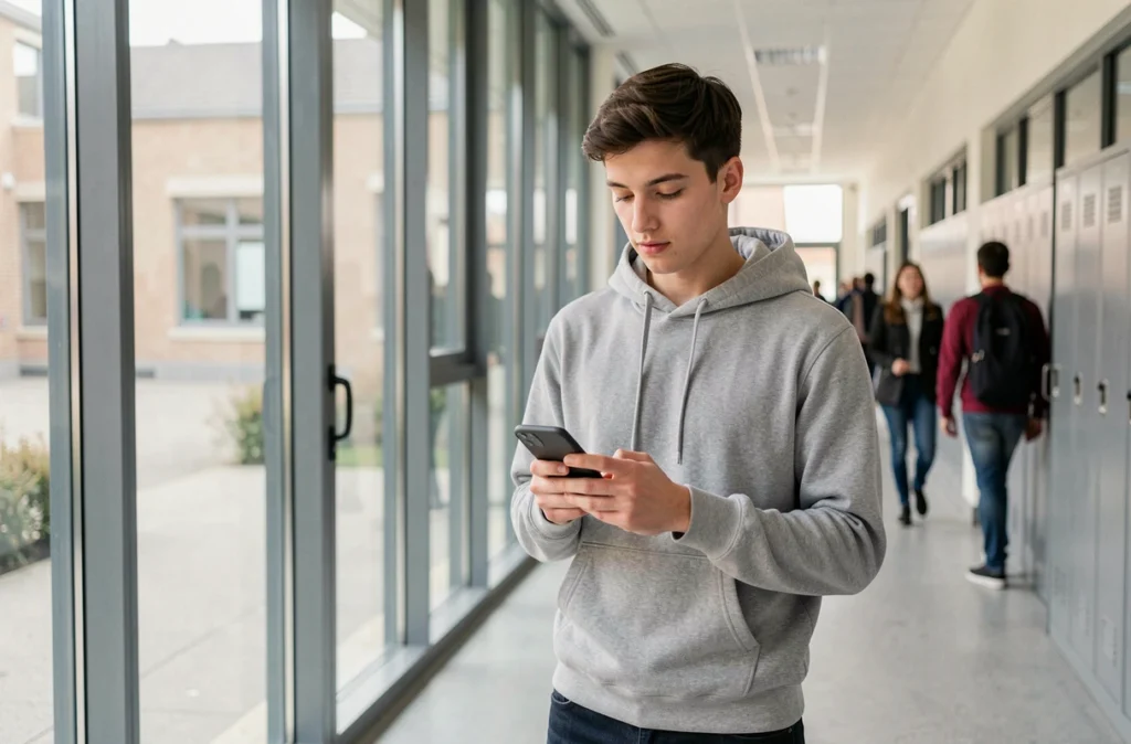 Étudiant accédant au webmail de l'Académie de Bordeaux depuis son téléphone dans un couloir universitaire