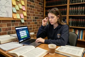 Étudiante en droit évaluant les options d'abonnement pro d'un outil IA juridique sur son ordinateur portable dans sa chambre universitaire