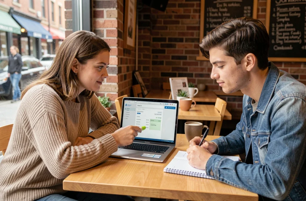 Deux étudiants en droit discutant ensemble de l'intérêt de souscrire à la version pro d'un logiciel d'IA juridique dans un café
