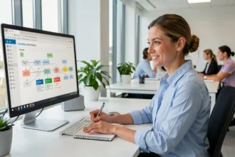 Professionnelle marketing analysant des workflows d'automatisation d'emails sur un écran dans un bureau moderne