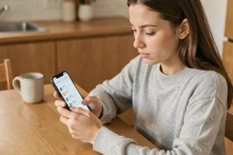 Jeune femme consultant les paramètres de mots de passe enregistrés sur Chrome via un smartphone Android