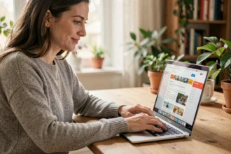 Femme consultant une newsletter personnalisée sur son ordinateur portable dans un bureau à domicile chaleureux
