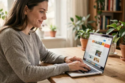 Femme consultant une newsletter personnalisée sur son ordinateur portable dans un bureau à domicile chaleureux
