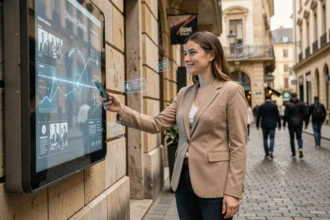 Jeune femme interagissant avec une publicité en réalité augmentée sur smartphone dans une rue piétonne urbaine