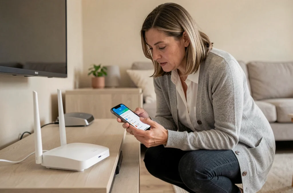 Femme inspectant un routeur Freebox dans son salon en tentant de résoudre un problème de connexion à l'interface d'administration