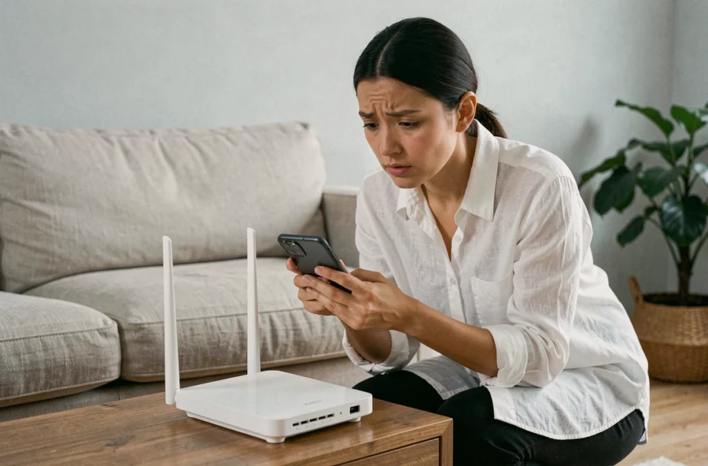 Femme inspectant son routeur WiFi et son smartphone Android pour résoudre un problème de connexion Internet à domicile