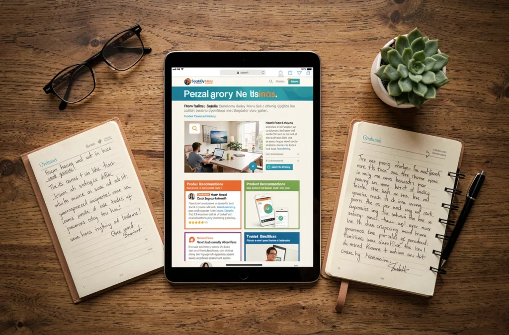 Vue de dessus d'une tablette affichant une newsletter personnalisée avec un agenda et des accessoires de bureau sur une table en bois