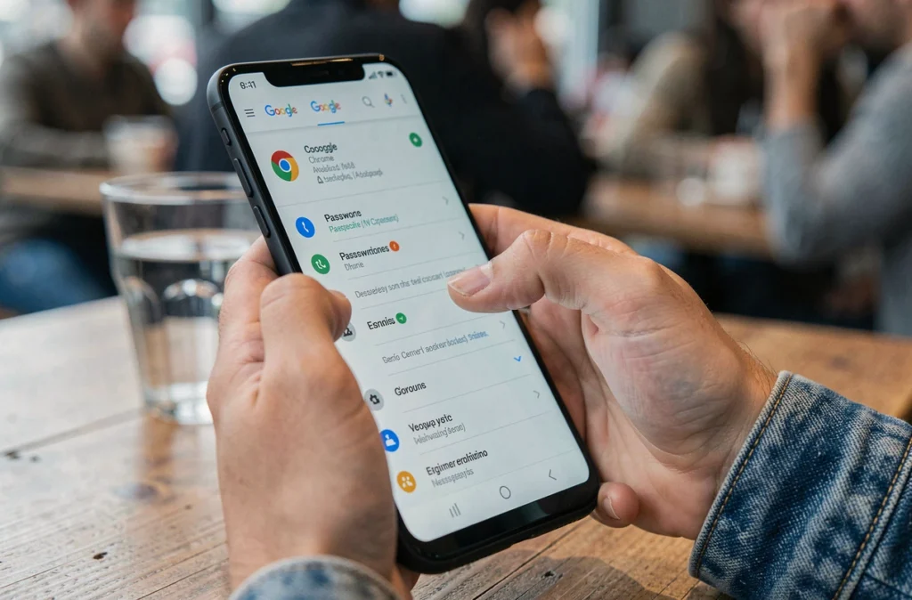 Gros plan de mains naviguant dans les paramètres de mots de passe enregistrés de Chrome sur Android