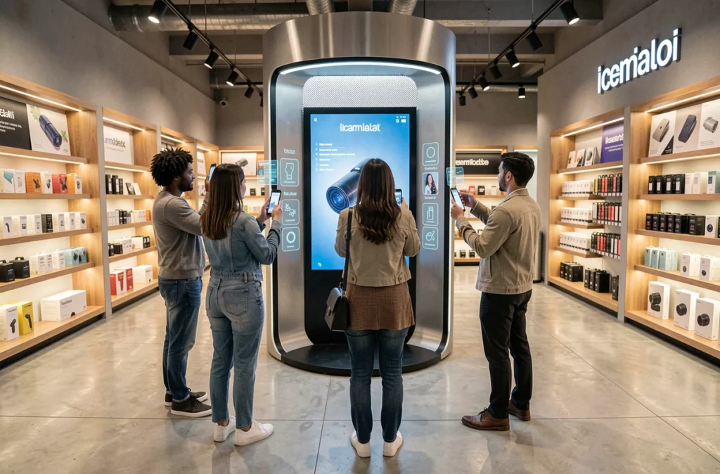 Groupe de personnes explorant une borne publicitaire interactive en réalité augmentée dans un espace commercial moderne
