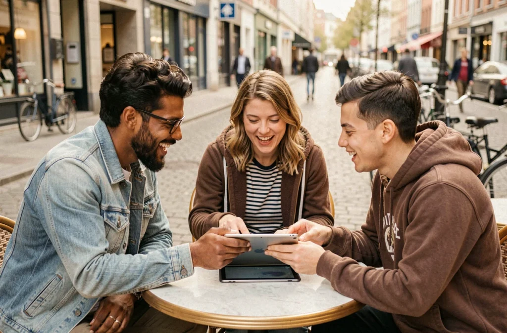 Groupe de micro-influenceurs tech discutant d'une nouvelle tablette en terrasse de café en ville