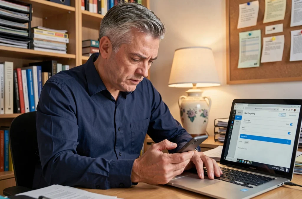 Homme d'âge moyen consultant les paramètres WiFi de son téléphone Android dans un bureau à domicile pour corriger une erreur de connexion Internet