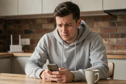 Homme frustré regardant son téléphone Android connecté au WiFi mais sans accès Internet dans une cuisine moderne