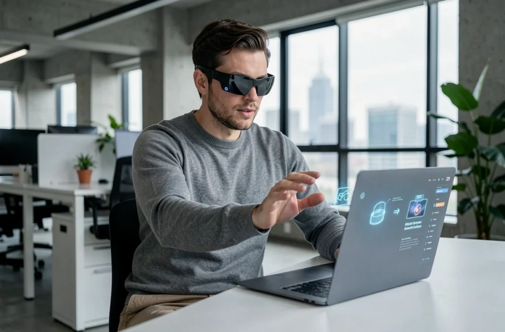 Homme utilisant des lunettes de réalité augmentée pour interagir avec une interface publicitaire interactive dans un bureau moderne