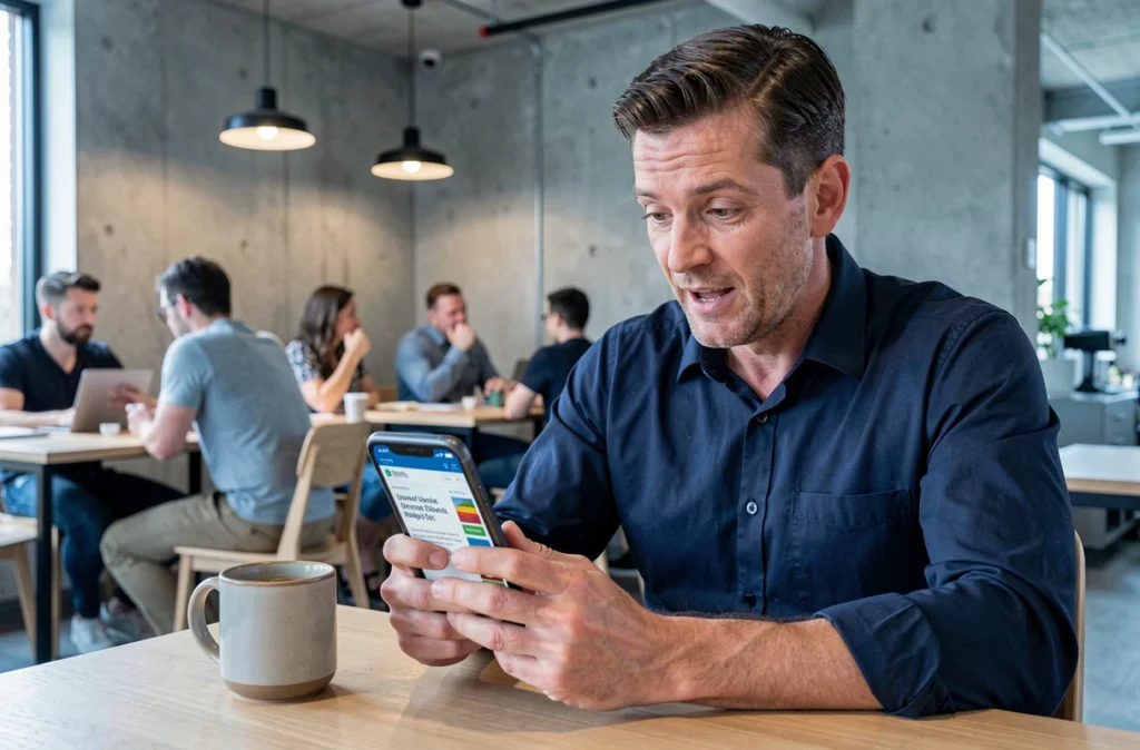 Homme d'affaires lisant une newsletter personnalisée sur smartphone dans un espace de travail moderne