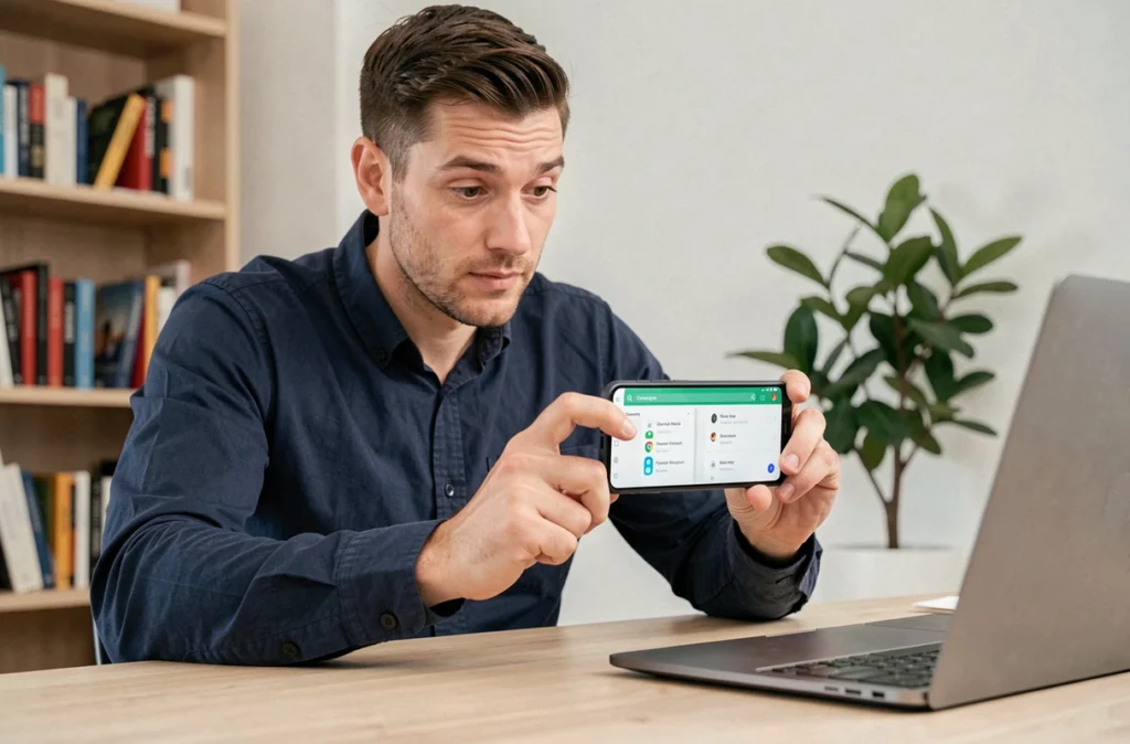 Homme recherchant un mot de passe enregistré dans Chrome sur son téléphone Android posé sur un bureau