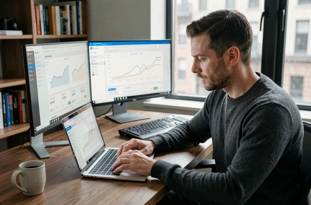 Marketeur en télétravail configurant une séquence d'emails automatisés sur son ordinateur à domicile