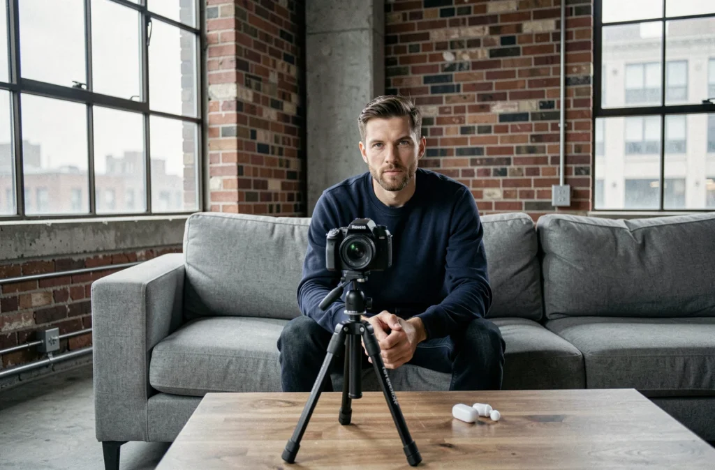 Micro-influenceur tech enregistrant une vidéo de présentation d'écouteurs sans fil dans un loft urbain
