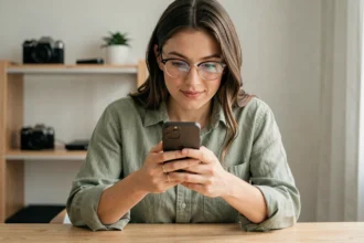 Micro-influenceuse technologie filmant un unboxing de smartphone depuis son bureau à domicile