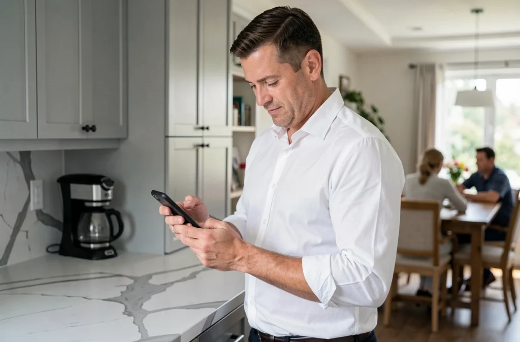 Père de famille consultant le portail Eduline depuis son smartphone dans une cuisine moderne