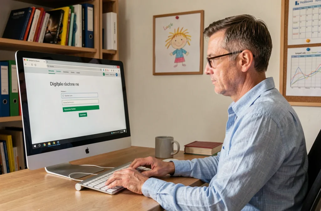 Un père de famille avec des lunettes de lecture accède à l'espace ENT Paris depuis son bureau à domicile pour gérer le compte scolaire de son enfant
