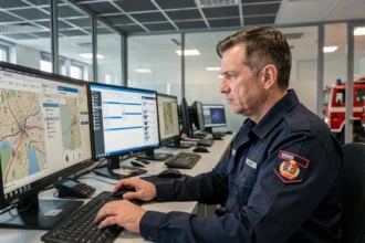 Pompier SDIS devant un poste de coordination numérique avec portails de gestion des secours sur plusieurs écrans