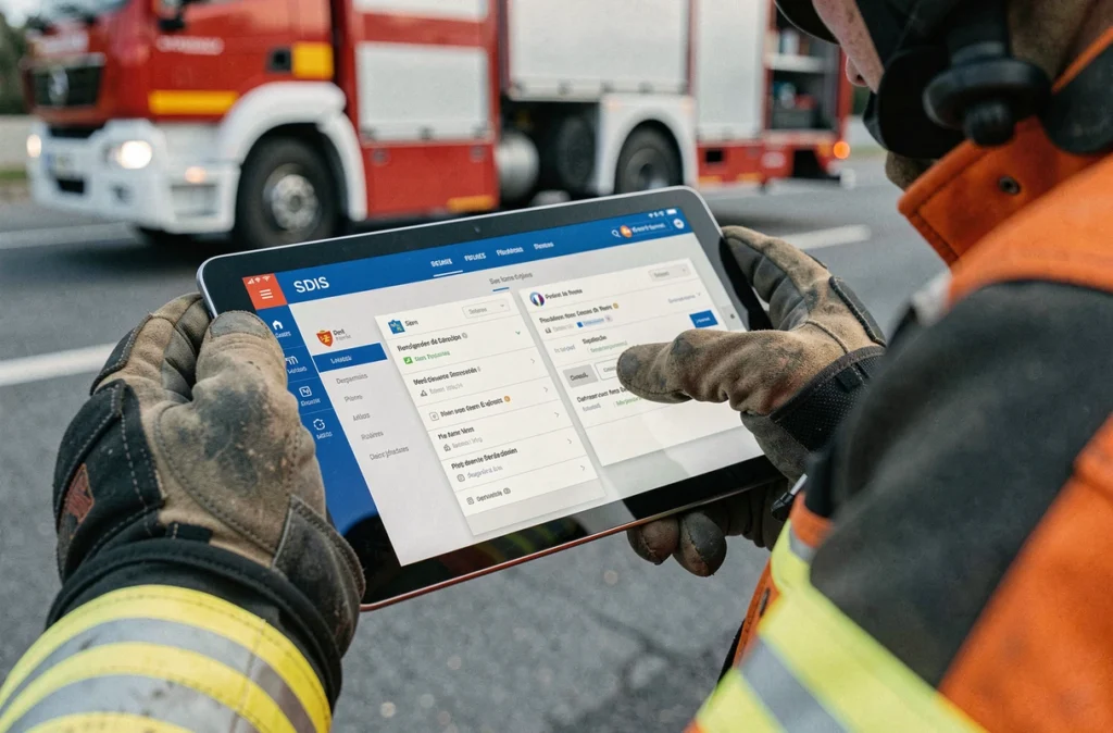 Pompier consultant une tablette comparant différents portails SDIS en extérieur près d'un camion de pompiers