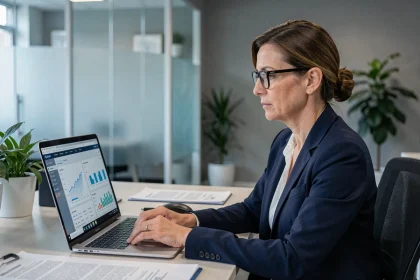 Professionnelle consultant des documents légaux sur un ordinateur portable dans un bureau moderne, illustration des pratiques conformes à la réglementation numérique en 2026