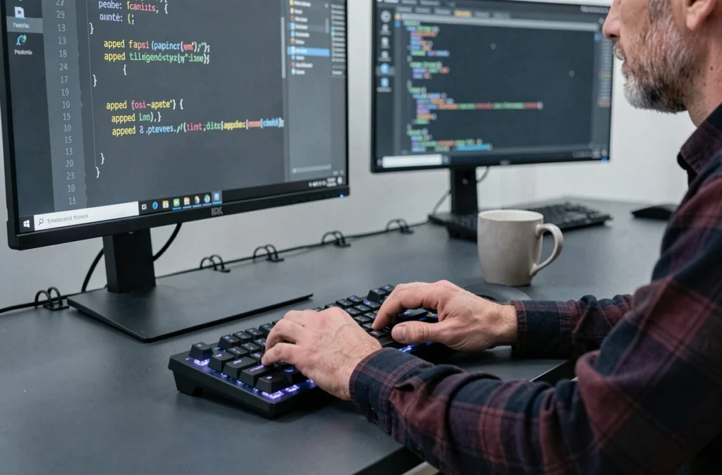 Mains de développeur tapant du code Python avec la méthode append visible sur l'écran, illustrant la mutation d'un objet liste