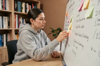 Femme ajoutant des notes sur une liste au tableau blanc, illustrant le concept d'ajout d'éléments dans une liste Python avec append