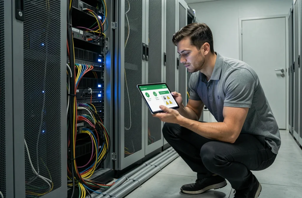 Technicien réseau vérifiant un rapport de test DNS sur tablette devant un rack de serveurs dans une salle informatique d'entreprise