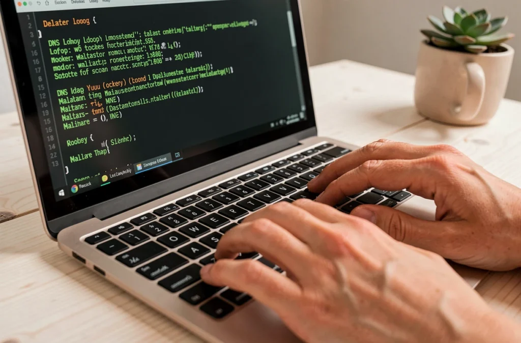 Mains de femme tapant des commandes DNS sur un ordinateur portable affichant des résultats d'analyse de malwares dans un bureau à domicile