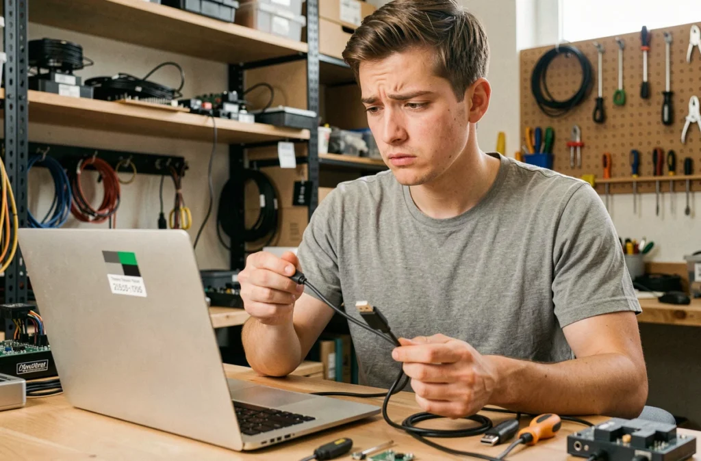 Homme examinant un câble USB B vers USB C avec une expression perplexe face à un écran de transfert lent sur son ordinateur portable