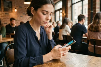 Jeune femme consultant son webmail académique Bordeaux sur smartphone dans un café