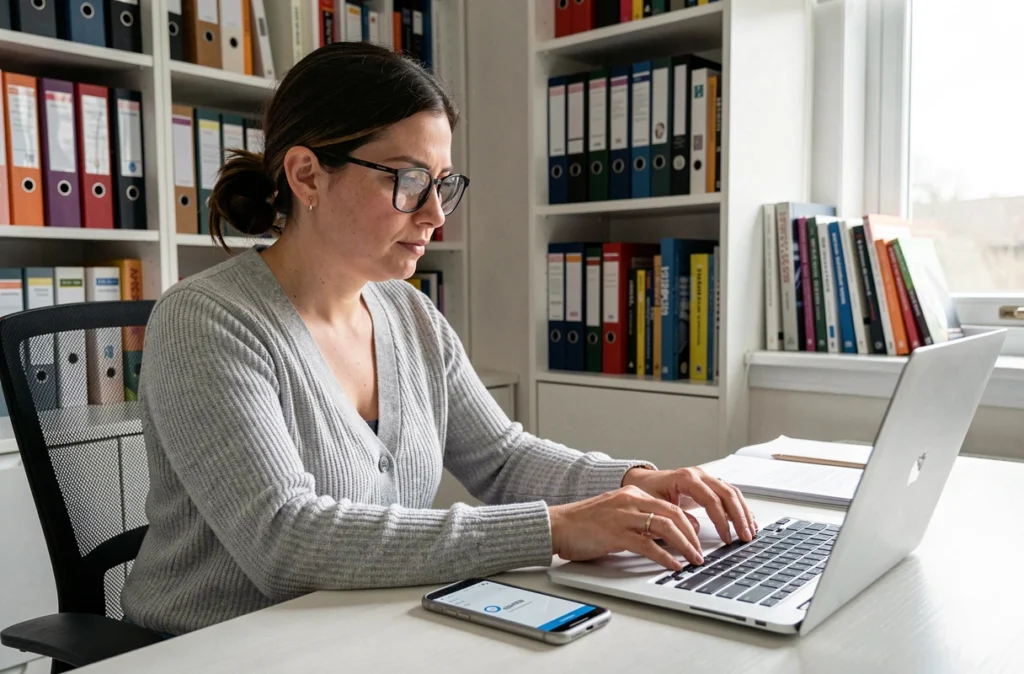 Enseignante vérifiant son webmail académique Bordeaux sur mobile depuis son bureau à domicile