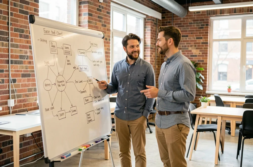 Deux consultants de 5COM discutant d'une architecture réseau sur un tableau blanc dans un bureau collaboratif moderne