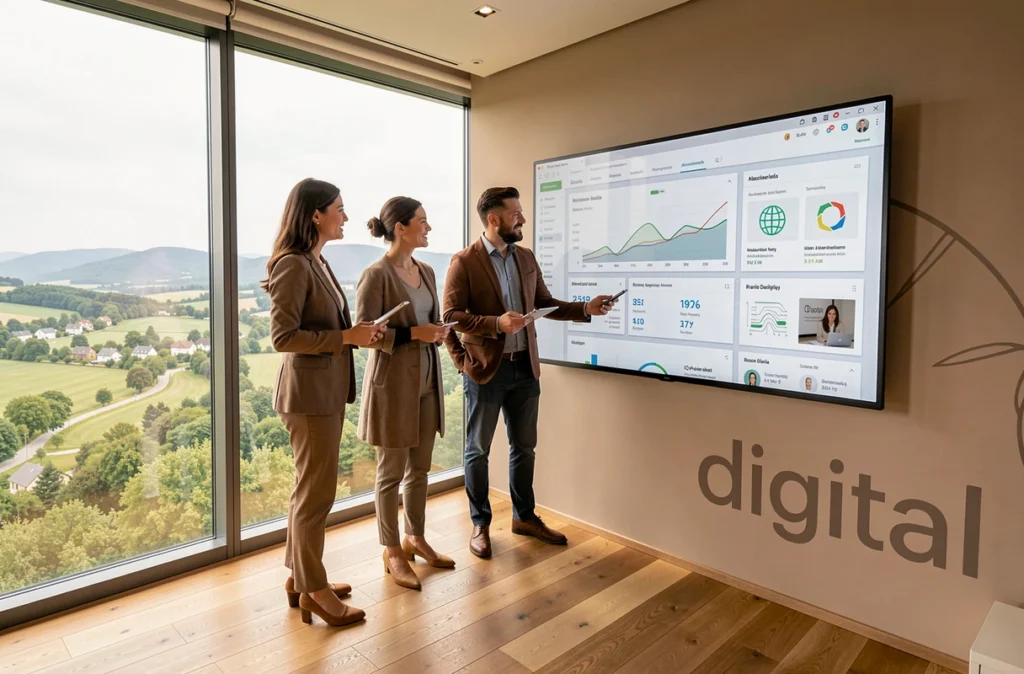 Équipe de l'agence Beease Digital en Alsace présentant un projet web full-service sur un écran interactif