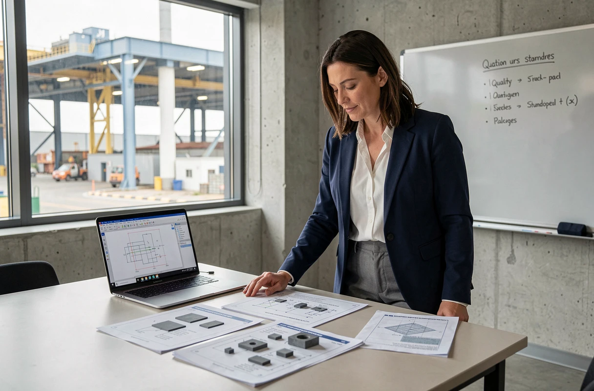Chef de projet femme analysant des spécifications techniques lors d'une réunion de sous-traitance industrielle